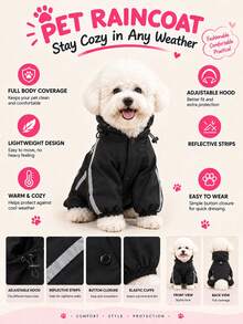 Lightweight Polyester Reflective Strip Dog Raincoat, Covers Four Limbs, Pure Black Waterproof Pet Jacket Raincoat, Suitable For Small Teddy Dogs And Large Dogs For Autumn And All-Year Wear (Not Suitable For Extra Large Dog Breeds) - Black - View 6