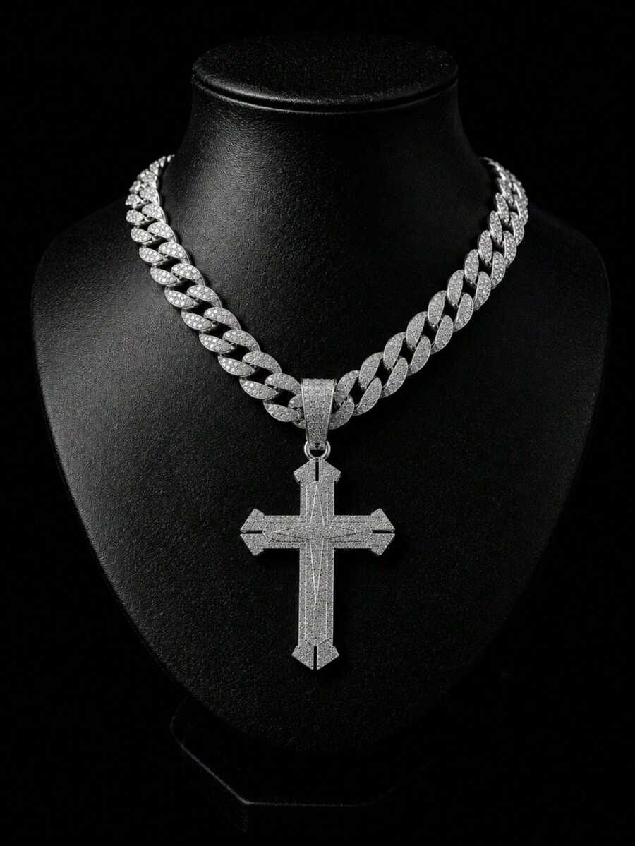 1pc Men's New Hip-Hop Sword Cross Pendant Necklace, European And American Style Creative Versatile Alloy Full Rhinestone Large Buckle Cross Necklace, Suitable For Men And Women Daily Wear - Cross Pendant - View 1