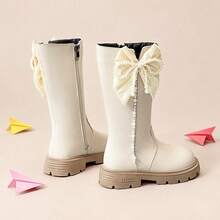 Girls' Sweet Style Pearl Bow Rhinestone Beige Side Zipper High-Top Boots, Suitable For Shopping And Matching With Autumn/Winter Outfits - Beige - View 5