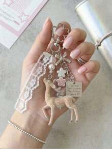 Fawn Keychain Pendant Lace Pearl Bow Bag Charm Korean Sweet Clover Backpack Chain Y2K Girly Gift - Apricot - View 5