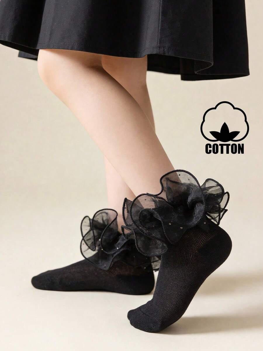 1 Pair Cotton Children's Toddler Girls' Short Socks With Large Ruffle Lace Trim, Mesh Lace Edge, Cute Princess Dance Socks - Black - View 1