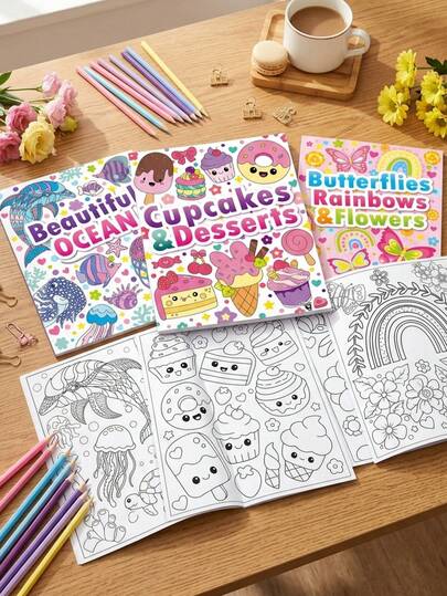 24 Pages Kids Educational Coloring Book Set, Cute Sweet Desserts, Rainbow Butterfly & Ocean Theme, Creative Art Activity Book For Kids, DIY Drawing & Painting Toy For Kids Educational Gifts, Perfect Early Educational/Birthday/Christmas/New Year Gift