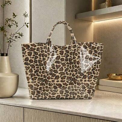 1pc Women's Leopard-Print Pvc Handbag Tote Bag, Multifunctional Commuter Travel Bag Is Suitable For Clothing, Cosmetics, Accessories.