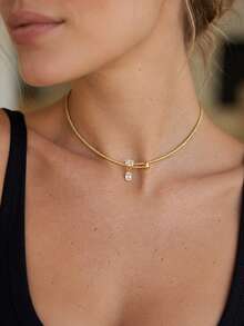 1pc Minimalist Snake Chain Choker Necklace With Square Rhinestone Pendant, Women's Daily Party Layering Jewelry - Rhinestones - View 1