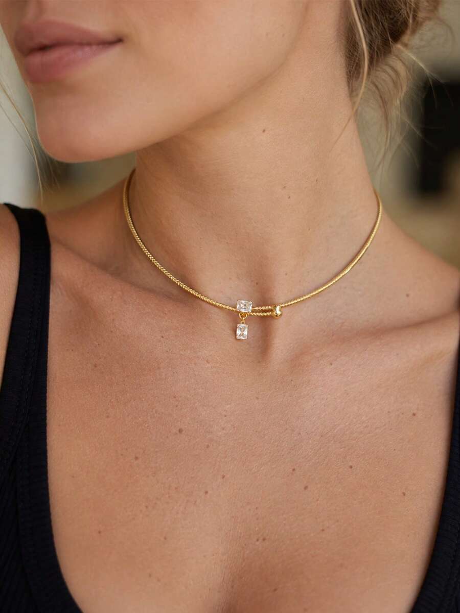 1pc Minimalist Snake Chain Choker Necklace With Square Rhinestone Pendant, Women's Daily Party Layering Jewelry - Rhinestones - View 1