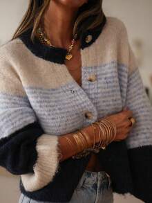 Live To Mo Women's Striped Color‑Block Knit Cardigan, Casual Relaxed Puff‑Sleeve Sweater Coat For Fall Back To School, Daily & Business Wear - Blue - View 3