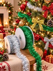 1pc/4pcs Christmas Tinsel Garland Roll Sparkle Metallic Foil Ribbon For Christmas Tree Decoration Gift Wrapping Present Box Bow Making Holiday Party Supplies Diy Craft Decor Silver Gold Red Green - Christmas Decorative Ribbon - View 8