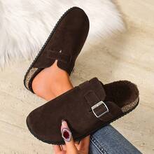 Women's Dark Brown Faux Suede Clogs Mules Fleece Lined Metal Buckle Cork Footbed Flat Slip-On Backless Winter Warm Slides - Brown - View 2