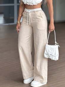 LUNNELUX Women Fall High Waist Drawstring Linen Wide Leg Pants, Elastic Waist Vacation Daily Trousers With Patch Pockets - White-gray - View 6