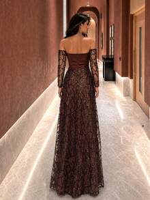 UNITHORSE[Random Cut]Bandeau Long Sleeve Waist-Cinching Satin Patchwork Sequin Evening Dress - Coffee Brown - View 2