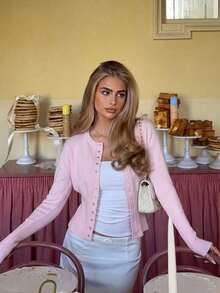 Elegant Intellectual Solid Color Button-Up Cardigan For Women, Suitable For Holiday, Travel, Date, Autumn/Winter - Pink - View 5
