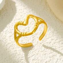 1pc Elegant Gold Stainless Steel Hollow Heart Textured Open Adjustable Ring, Suitable For Women's Daily, Party, Holiday, Valentine's Day Wear - Gold - View 5