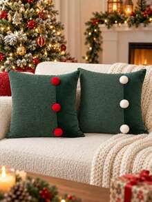 1pc/2pcs Christmas Color Block Pillow Case, Hunter Green Chenille Velvet White Pom Pom Button Cushion Cover, Dual Color Farmhouse Style Sofa Pillow Case, Suitable For Sofa And Living Room Fireplace, Holiday Winter Cozy Decor, Size 18x18 Inches, Pillow Insert Not Included - Red - View 5
