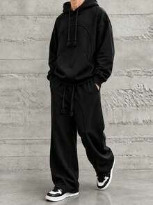 HEYKESON Setelan Olahraga Kasual Longgar 2 Potong untuk Pria: Hoodie & Celana Jogging Kaki Lebar - Hitam - View 2