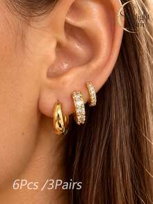 6pcs/3pairs Women's Luxury Minimalist Zirconia Starry Earrings Set, Suitable For Daily Commute, Party, Nightclub And Other Occasions - Gold - View 1