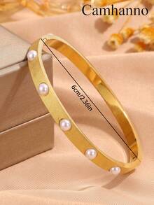 Camhanno 2pcs Stainless Steel Plated 18K Gold English Engraved Bracelet, Frosted Pearl Double Ring Layered Romantic Women's Bracelet - Gold - View 6