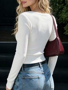 minisummer Women Elegant Fall White Ribbed Cropped Long Sleeve Top, Square Neck Front Button Fitted Blouse, Fall Clothes For Women - White - View 3