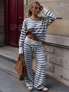 NOVELLE Women's Casual Contrast Stripe Knit Sweater Set, Autumn Winter Crew Neck Cropped Top Drawstring Wide Leg Pants, Going Out, Commute And School - Multicolor - View 1