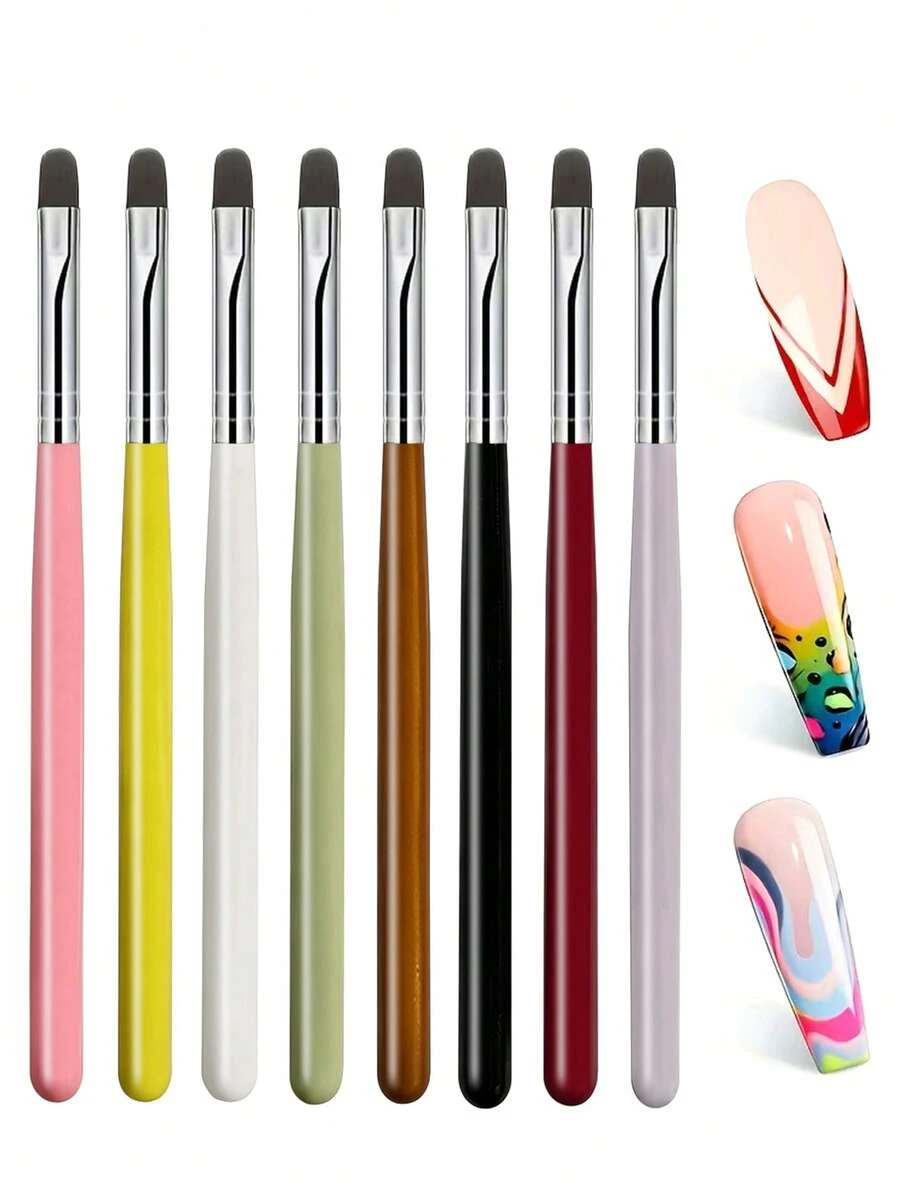 8Pcs Color Handle Round Head Nail Art Brush Set Nylon Bristle Gel Painting Brushes For Gradient Marble Flower Nail Design - Multicolor - View 1
