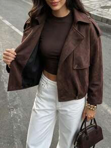 Autumn/Winter Fashion Zipper Long Sleeve Jacket, Urban Streetwear, Date Night, Brown, Fall Fashion, Office Wear - Coffee Brown - View 2