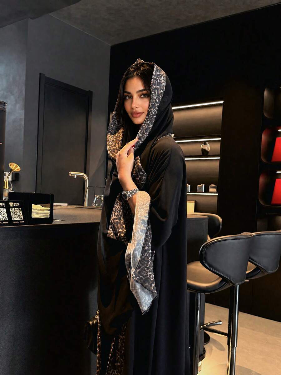 Hafizah 2pcs Women's Summer Leopard Print Patchwork Robe With Headscarf Set Black Spring Fall - Black - View 1