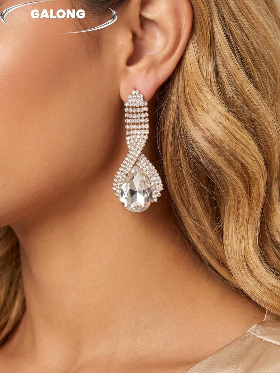 Cool & Sophisticated! Black & White Contrast Full Rhinestone Long Earrings | Black Teardrop Gemstone Cross Design | Glamorous Evening Party Photo-Ready Earrings - White - View 1