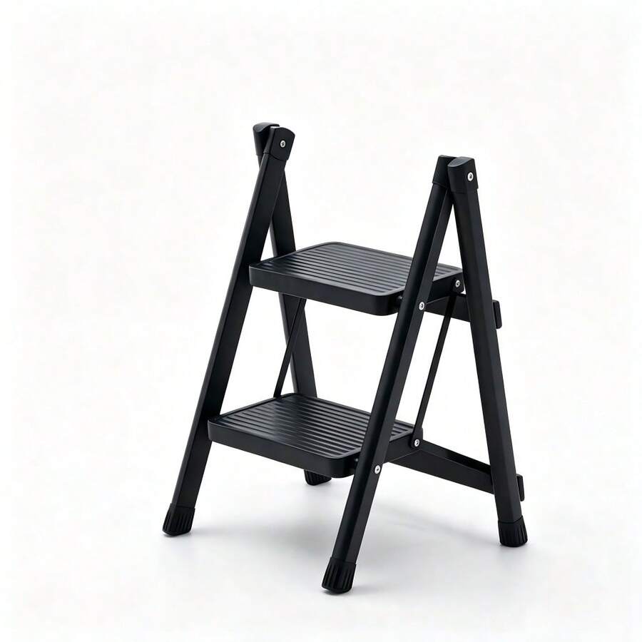 2-Step Folding Ladder, Lightweight Design, Anti-Slip Steps & Feet, 150kg Max Capacity, 4.9cm Folded Thickness, Black - Black - View 1
