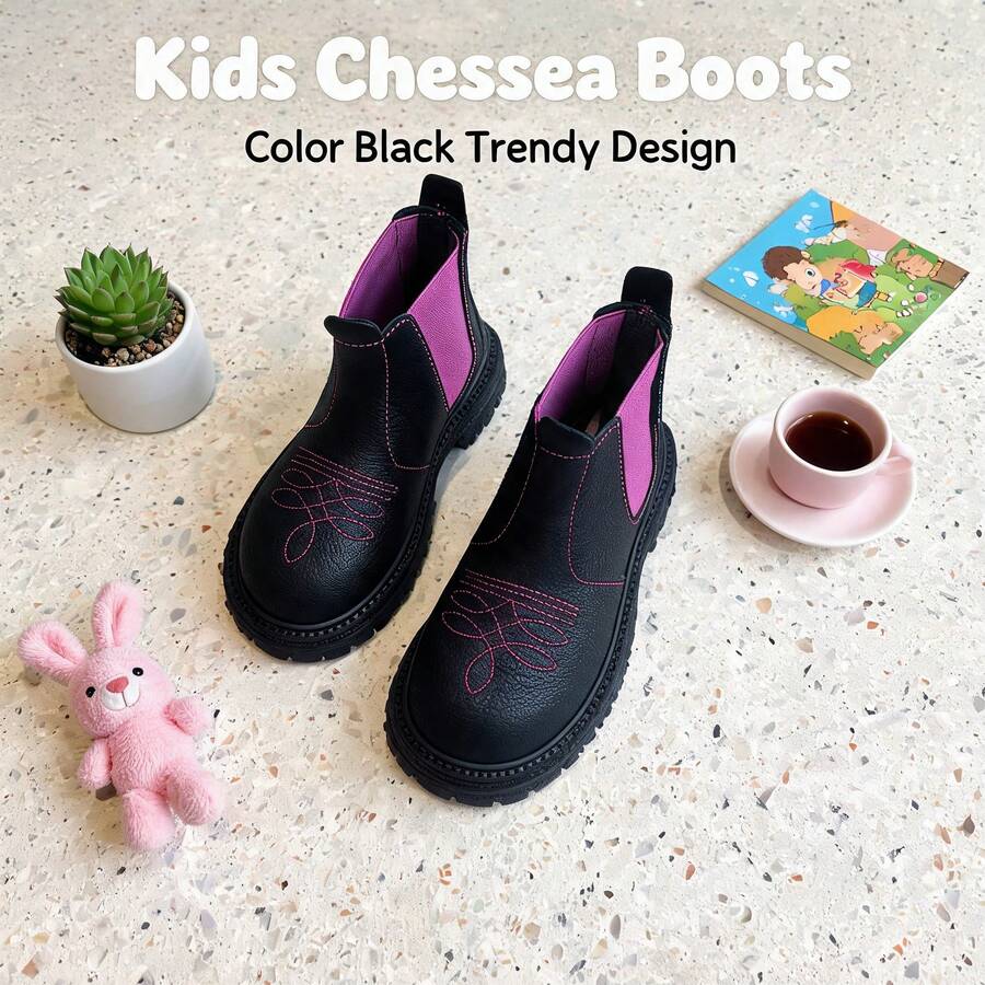 Girls' Contrast Color Purple Elastic Chelsea Boots, Embroidered Pattern Slip-On Ankle Boots, Suitable For Children