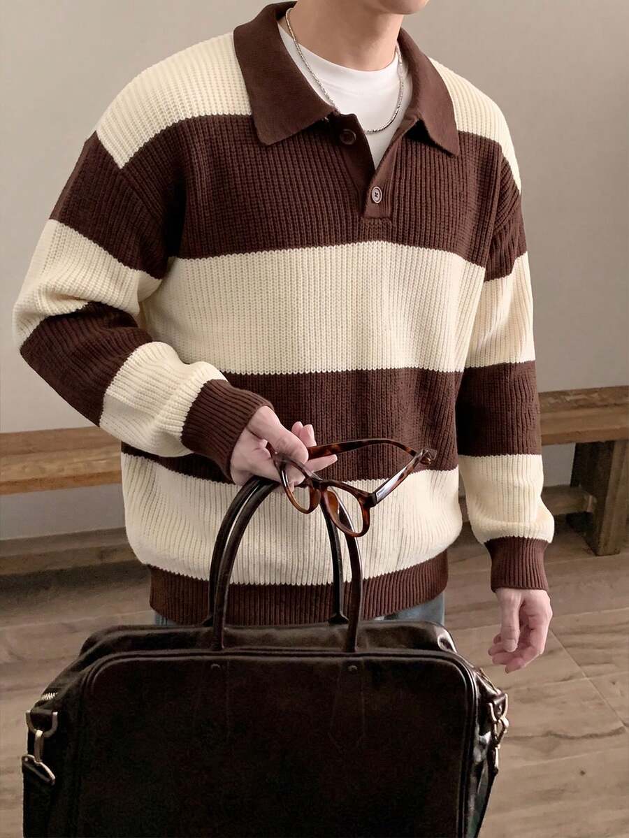 Teen Boys American Retro Colorblock Brown & White Striped Sweater, Loose Fit Drop Shoulder Collared Button-Up Knit Top - Brown - View 1