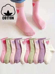 10 Pairs Cotton Children's Socks, Fresh Mid-Calf Style, Spring Summer Autumn, Heart Pattern, Versatile, Unisex - Multicolor - View 7