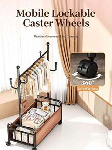 1pc Floor Standing Coat Rack With Wheels, Equipped With Storage Basket, Movable Floor Hanger, With Rollers And Side Hooks, Easy To Move, Space Saving, Sturdy Metal Hanger, Suitable For Bedroom And Entryway, 2 Colors Available - Multicolor - View 5