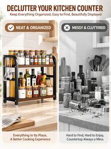 Wooden Kitchen Storage Rack, Vertical Double-Layer Kitchen Shelf, Double-Layer Large Capacity Storage, Adjustable Non-Slip Feet, Suitable For Kitchen Storage Tools, Corner Shelf, Spice Rack, Multi-Layer Large Capacity Storage Space, Can Store Bowls, Plates, Pots, Spice Bottles And Vegetables, Coffee Station For Cups And Coffee Beans, Kitchen Sauce Bottle Organizer, Cosmetic Countertop Organizer - Multicolor - View 2