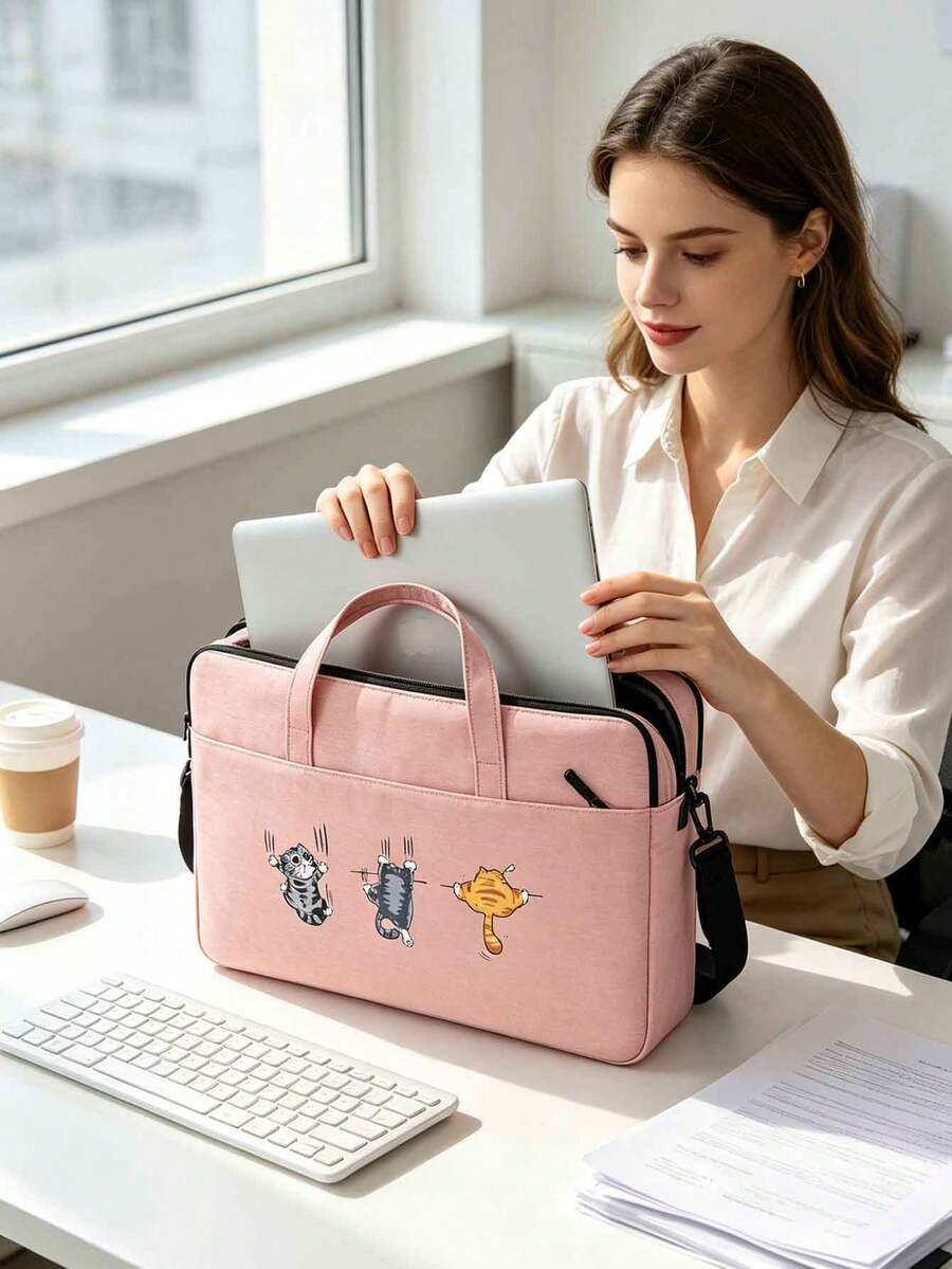 Laptop Bag, Compact Shoulder Bag With Accessory Compartments, Cat Print Design, Equipped With Detachable And Adjustable Shoulder Strap, Data Cable Storage, Fits In Suitcase, Laptop Protective Bag, Briefcase, Document Storage Bag, Portable Commuter Bag, Suitable For Laptop And Tablet, Travel, Commute, Back To School, Halloween, Christmas Gift - Multicolor - View 1