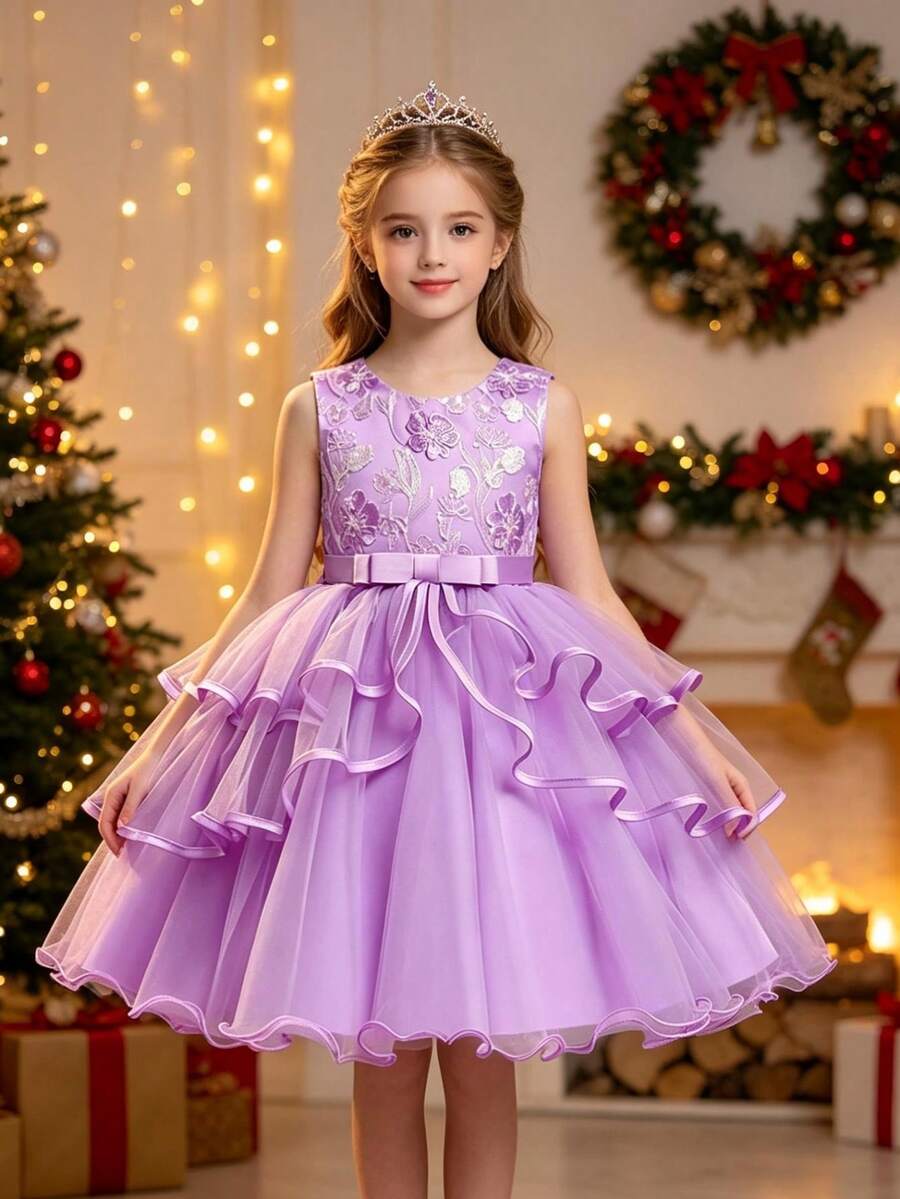 Girls Luxury Short Party Dress, Flower Girl Dress For Wedding, Birthday Occasions, All Season - Purple - View 1