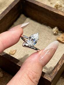 1pc Fashionable Exquisite Niche Silver Water Drop Open Ring For Women, Personalized Elegant Light Luxury Cool High-End Hand Jewelry - Teardrop Diamond Ring - View 1