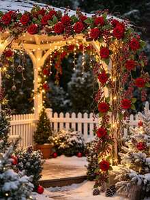 2pcs/Set Christmas Wedding Artificial Red Berry Rose Vine, Suitable For Wedding, Christmas, Anniversary, Proposal, Romantic Holiday Decoration, Party Backdrop Arrangement - Multicolor - View 4