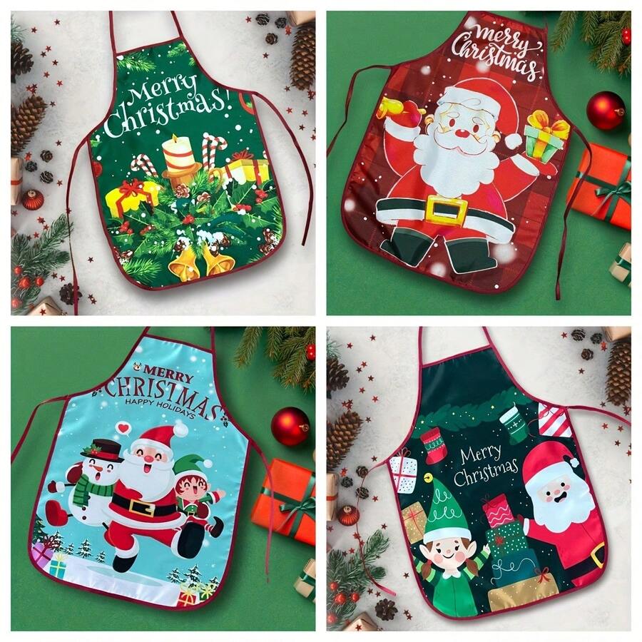 4Pcs Assorted Christmas Cartoon Santa Elf Gift Printed Apron For Holiday Kitchen Baking Family Gathering - Multicolor - View 1