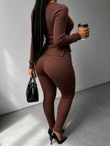 RNU Setelan 2 Potong Wanita Kasual Musim Gugur/Dingin, Bahan Bertekstur Ribbed, Atasan Rajut Lengan Panjang Slim Fit dengan Leher Bulat Kecil - Coffee Brown - View 3