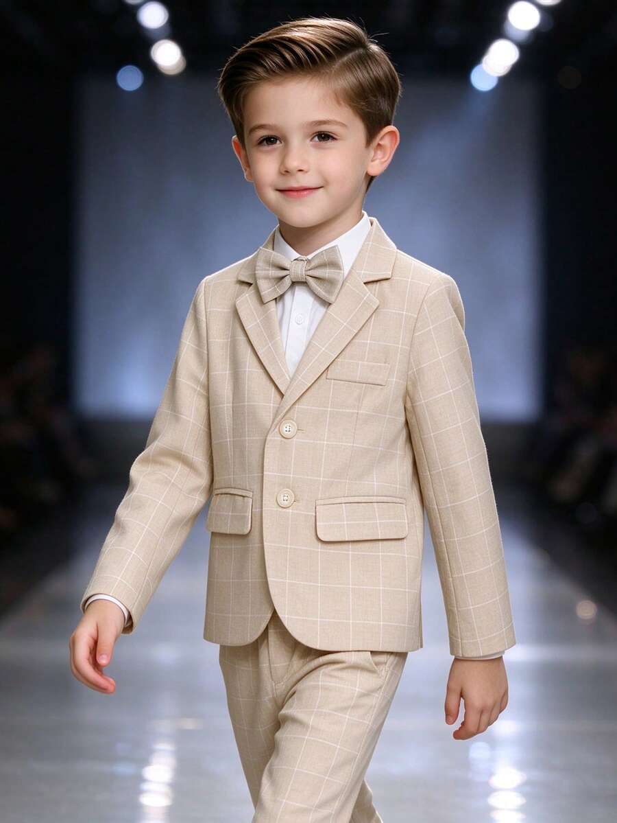 3pcs Young Boy Plaid Suit Set: Blazer, Pants & Bow Tie, Suitable For Formal Events, Weddings, Performances, And School Uniform, Autumn - Khaki - View 1
