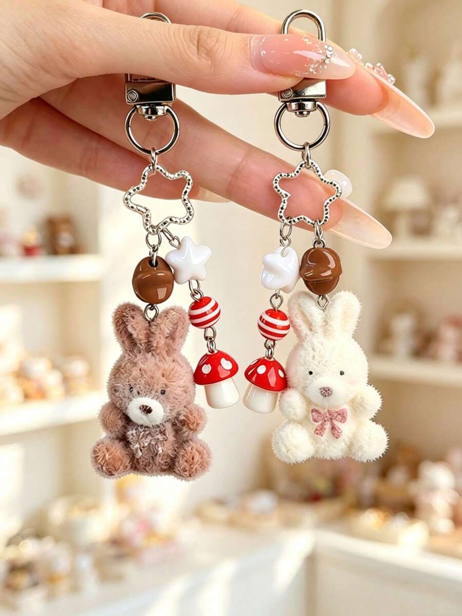 Cute Flocking Bunny Keychain,Kawaii Rabbit Mushroom Star Bag Charm,Animal Pendant Key Ring For Handbag Purse Backpack Car Keys, Girls Women Gift - Multicolor - View 1