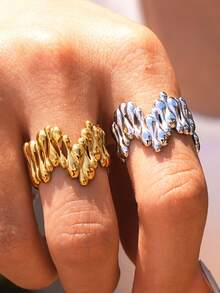2pcs/1pc Autumn 18K Gold Plated Chunky Hammered Stainless Steel Open Ring, Punk Style Party Stackable Jewelry Gift, Adjustable Statement Ring, Suitable For Daily, Party, Vacation Wear, Gift For Her - Multicolor - View 3