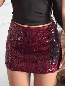SCARLUX Fall Women Y2K Sequin Mini Skirt, Bodycon Skirt For Back To School, Daily Commute And Party - Burgundy - View 1