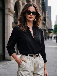 Women Half Button Down Shirt Loose Comfortable Blouse Long Sleeve Stand Collar Apparel For Fall Winter Daily Commuting Going Out Dating - Black - View 4
