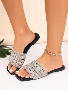 Women's Handmade Rhinestone Embellished Full Crystal Focal Element Greek Key Geometric Pattern Square Toe Single Strap Flat Slide Sandals, Luxury Style For Party And Date, Summer Silver PU Faux Leather Slippers - Silver - View 8