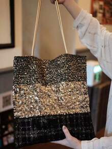 Niche Design Premium Sequin Shoulder Canvas Tote Bag, 2026 Autumn New Large Capacity Commuter Handbag For Women, Chic, Stylish, Vintage, Travel, Purse - Black - View 3