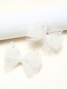 2pcs/Pack White Sheer Mesh Pearl Hair Clips, Mother's Day Kids Hair Accessories, Wedding Season Gift - White - View 3