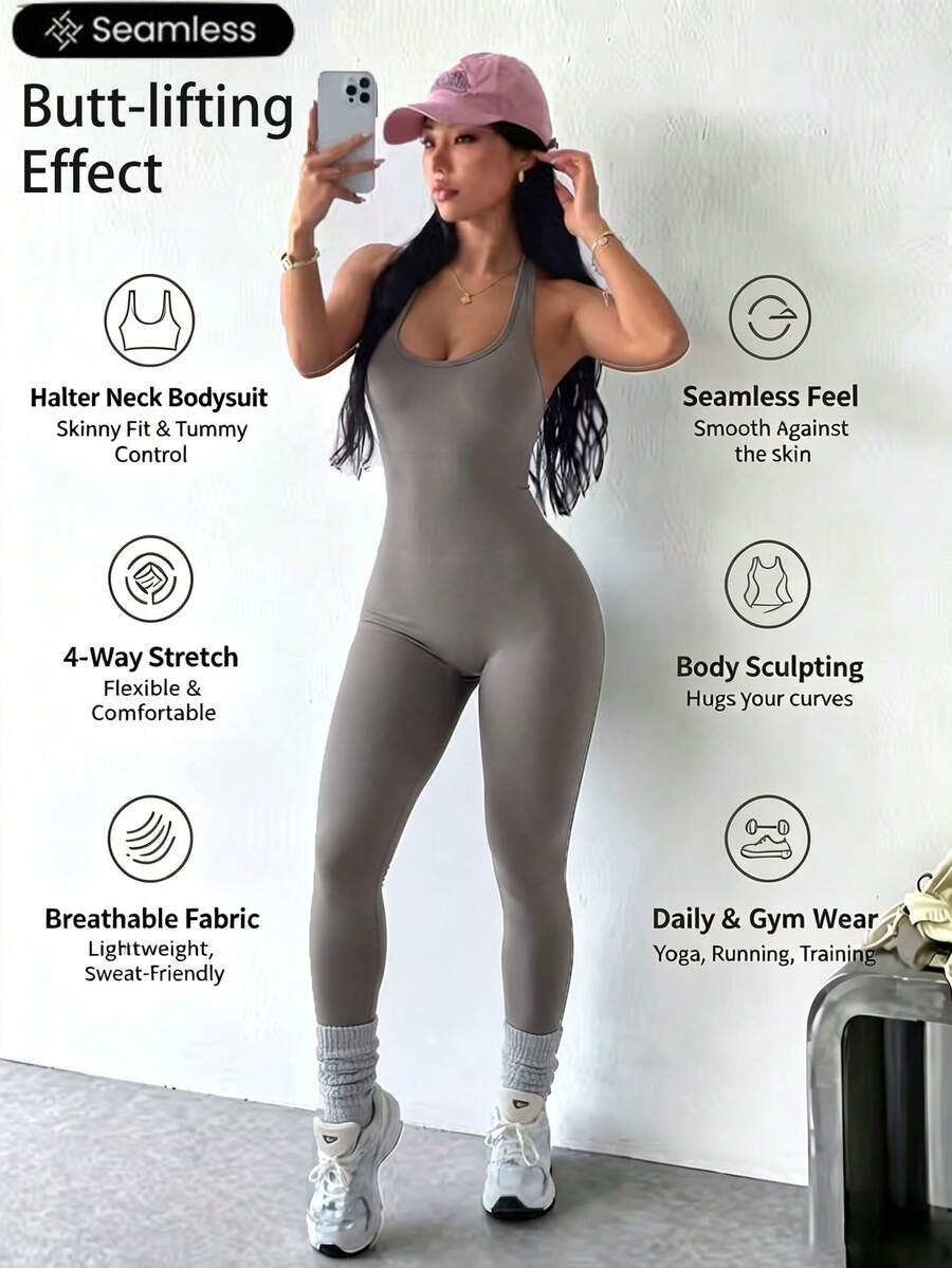 Women's Solid Color Halter Backless Sports Jumpsuit - Grey - View 1