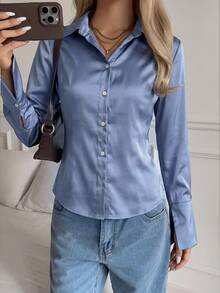 SCARLUX Fall Winter Women Y2K Satin Turn-Down Collar Shirt, Fitted Long Sleeve Top, Light Blue For Street Commute Party & Back To School - Blue - View 7