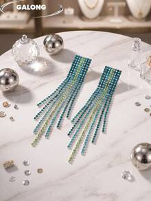 New Luxury Style Pink & White Gradient Full Rhinestone Tassel Earrings For Women, Long Multi-Layer Chain Design, Versatile Earrings For Evening Gowns & Formal Events - Teal Gradient - View 3