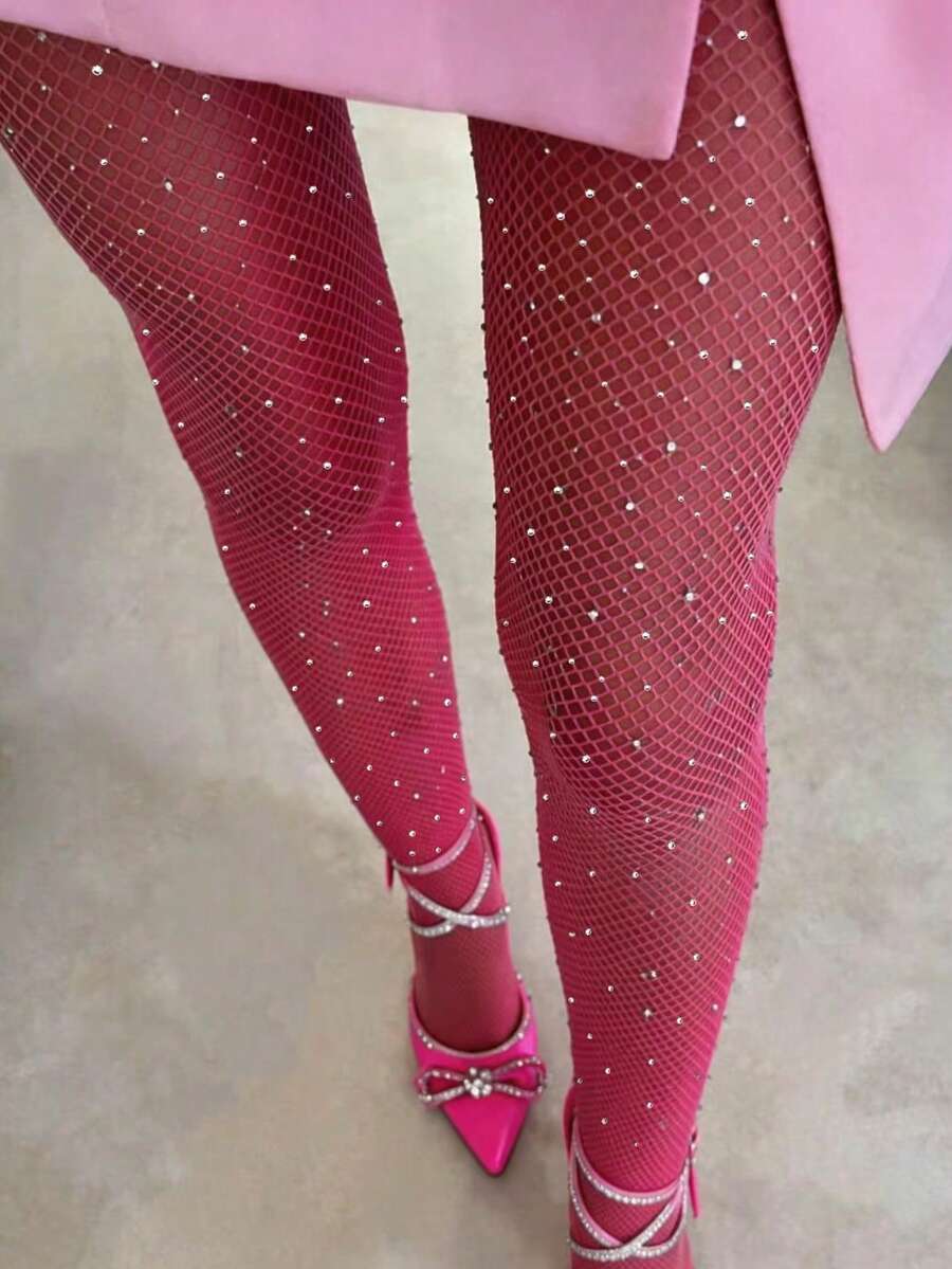 1雙女款性感玫瑰紅水鑽魚網襪 - 玫紅色 - 查看 1